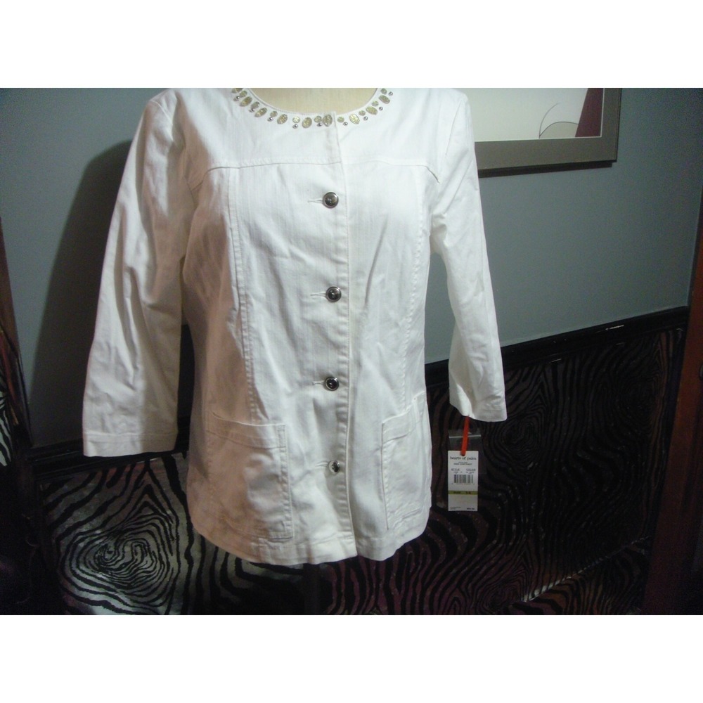Womens 14 Hearts of Palm white lightweight denim‎ jean jacket beaded 3/4 sleeve